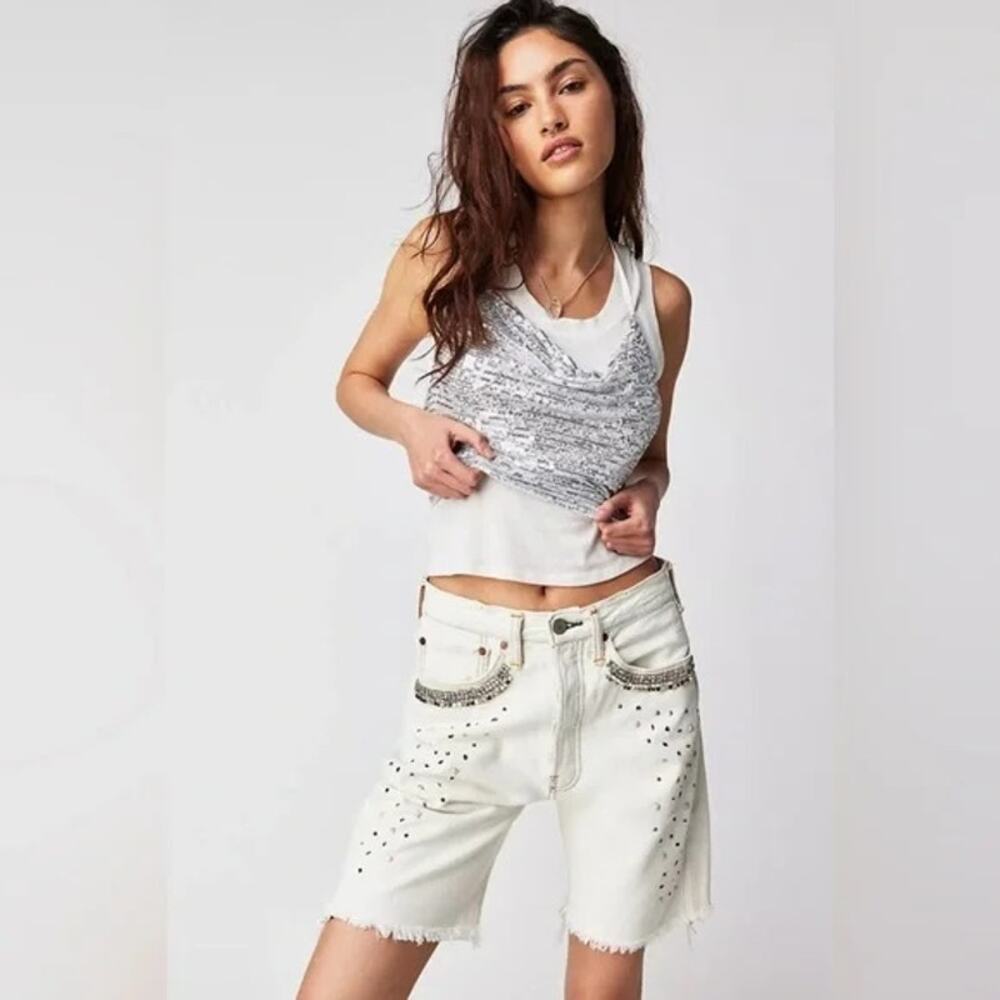Free People Tricia Fix Embellished Knee-Length Shorts Denim Size Small